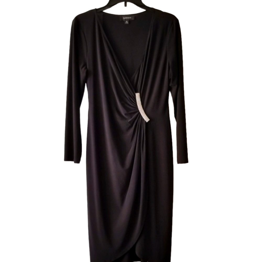 R&M Richards Front Ruche Faux Wrap Black Dress